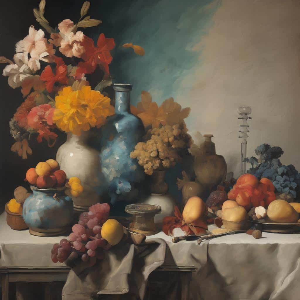 Λουλούδια και φρούτα σε σύγχρονο έργο τέχνης, αποτυπωμένα με μεγάλη λεπτομέρεια και ζωντάνια.