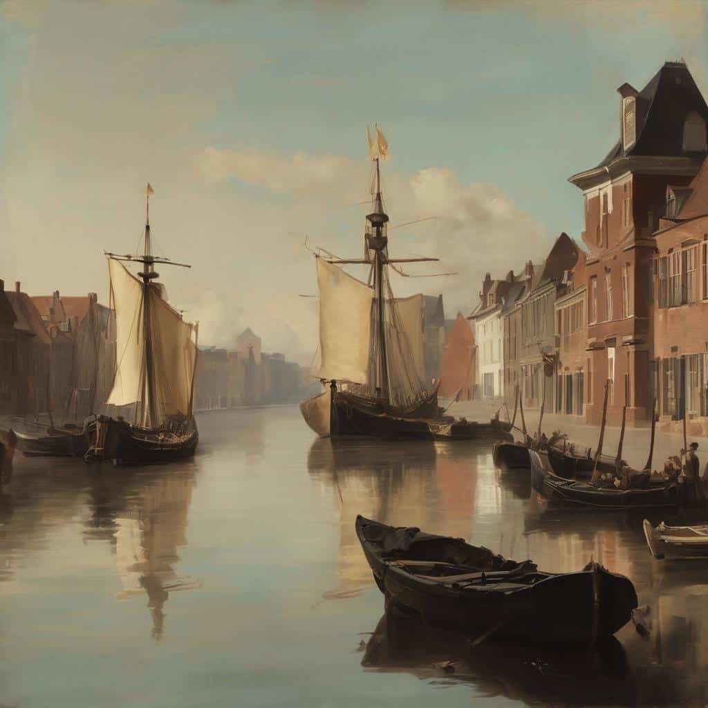 Ρομαντική εικόνα σύγχρονης τέχνης με ιστορικά καραβιά και παραδοσιακά κτήρια σε ένα ήσυχο λιμάνι.