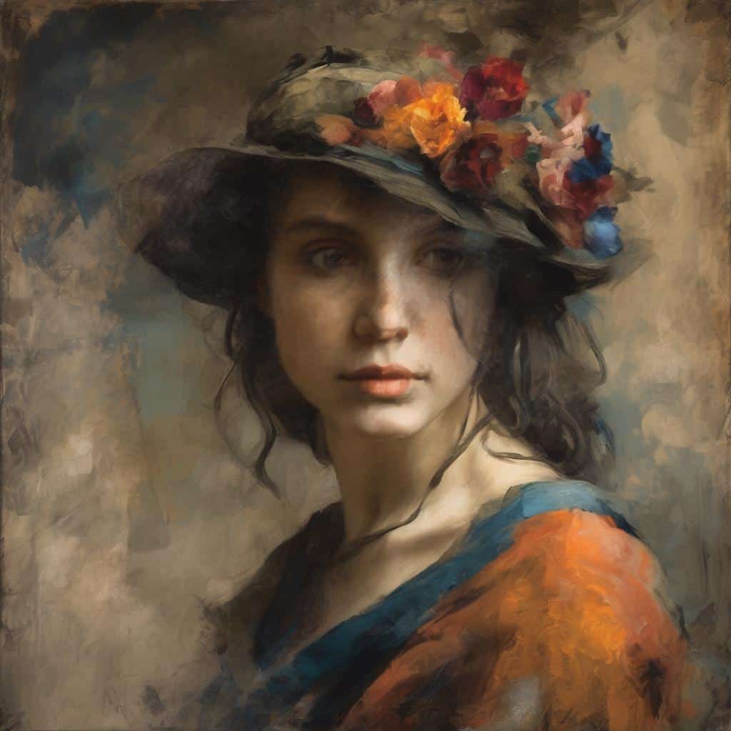 Οπίσθια πινακίδα πορτρέτο νεαρής γυναίκας με καπέλο και λουλούδια, σύγχρονη τέχνη και νέοι καλλιτέχνες, ζωγραφική ελαιογραφία.